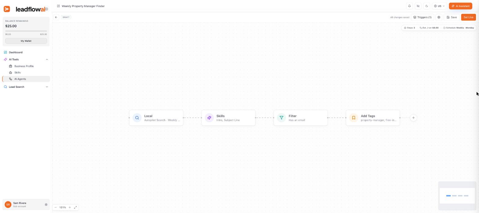 An AI Agent that runs a weekly search, writes intros, filters for email, and tags each lead