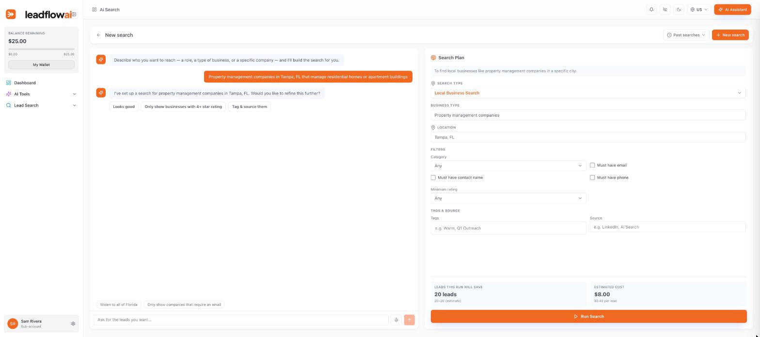 AI Search turning a plain English request into a search plan with the price shown before it runs
