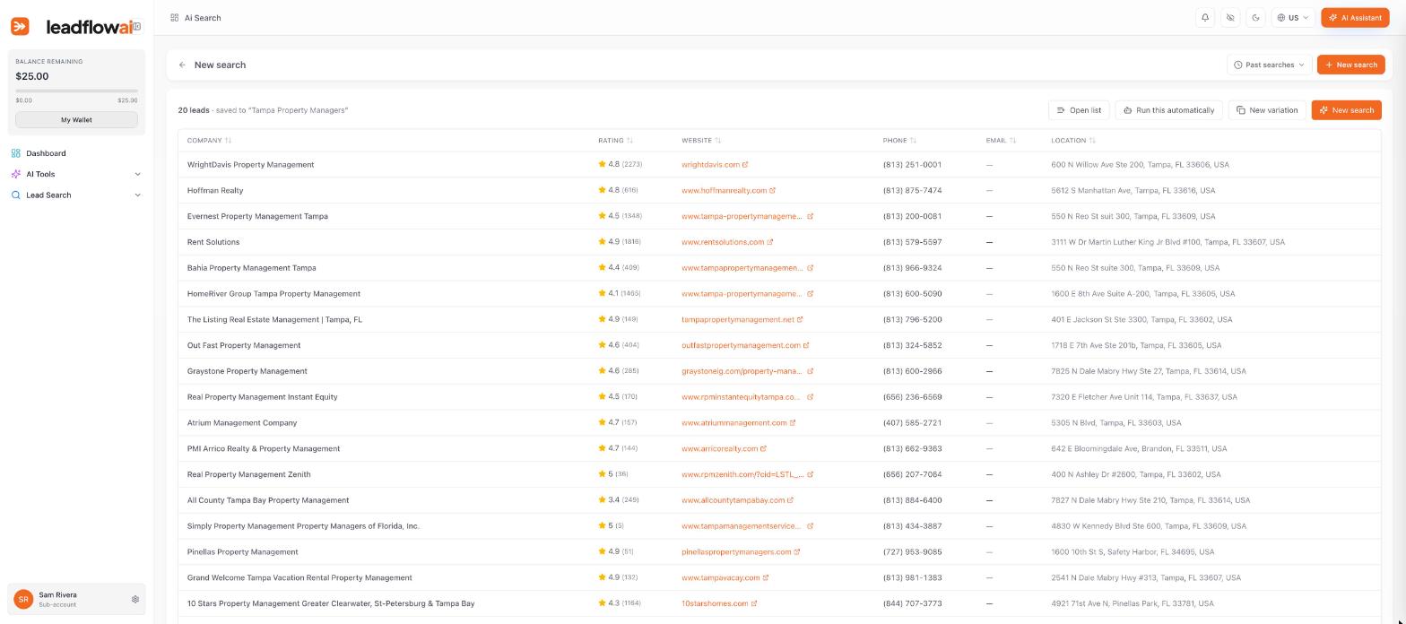 Search results with company, rating, website, phone, and location for each lead