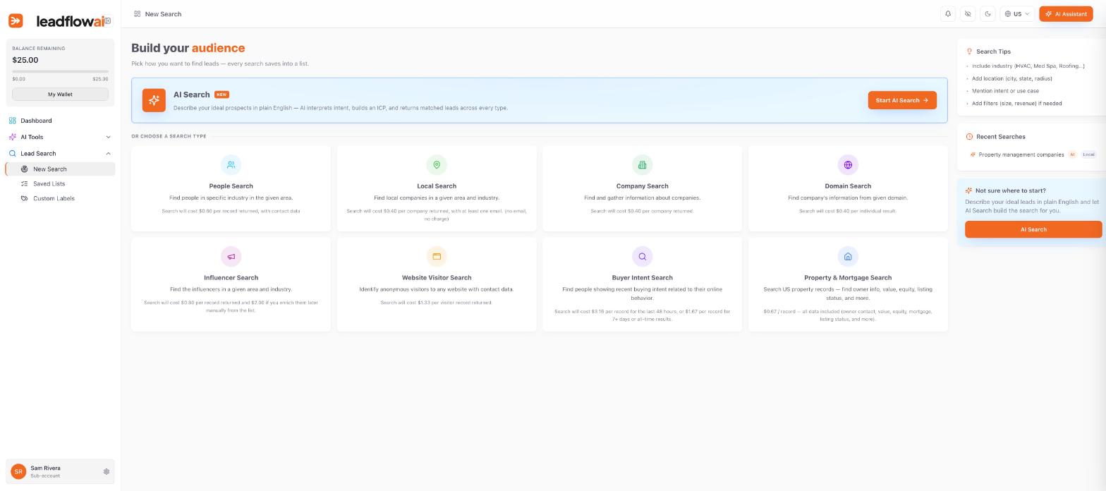 All search types with the price per lead listed on each one